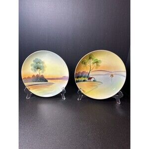 Vintage Meito China Hand Painted Landscape Plates Pair 7.75" & 8" Japan
